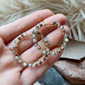 Brass Round Hoop Earrings, Round Blue Glass Beads, Wire Wrapped, Boho Bohemian